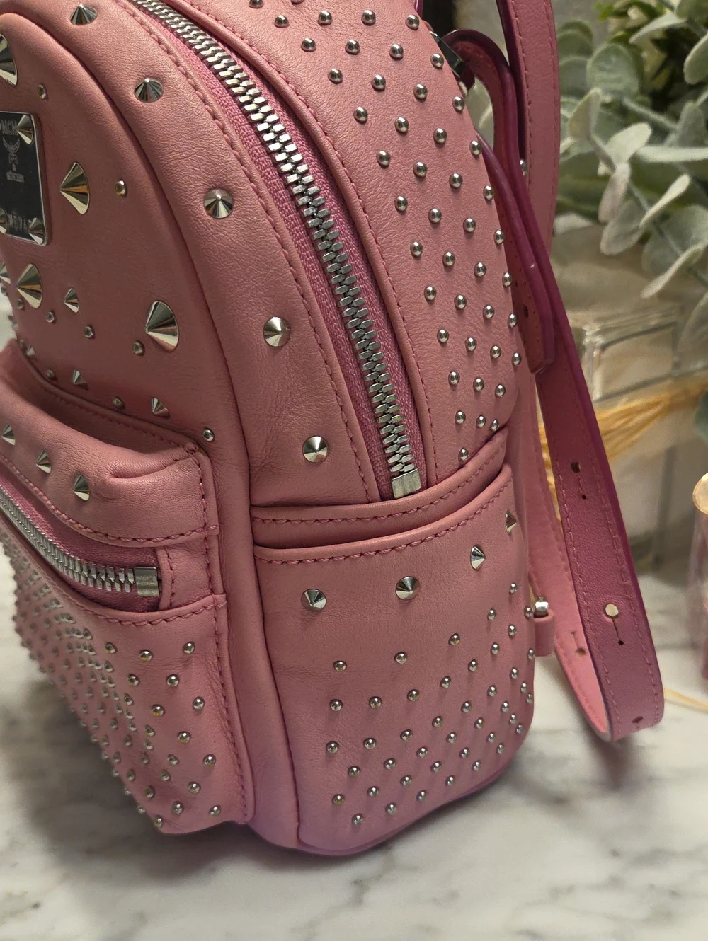 EUC MCM Baby Pink Studded Mini Backpack Crossbody 🩷